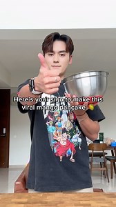 I finally tried the VIRAL MANGO PANCAKE and it’s SUPER GOOD ! 🥭 this is definitely worth the try and it takes less than an hour to prepare ✌🏻 . Here’s how to make it 👇 . Mango Pancake Recipe 1. In a bowl, add 250 ml of milk , 3 eggs , 15g of melted butter and a 3 drops of yellow food coloring (optional) 2. Combine with 50g of cake flour or all purpose flour, 25g of corn starch, and 25g of granulated sugar and mix 3. Cook the pancake batter on low heat for 1-2 mins until cook ( I only cooked o