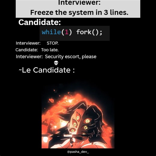 Pasha Arain | 🧠 Explanation : A fork bomb is a small piece of code that creates processes repeatedly until the system runs out of resources. In C (on... | Instagram