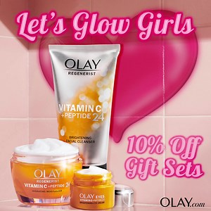 For a limited time, save 10% on gift sets at Olay.com! 💋 This 3-step brightening routine is exactly what your squad needs for the obligatory Gal’s Day photoshoot. 📸 | Olay