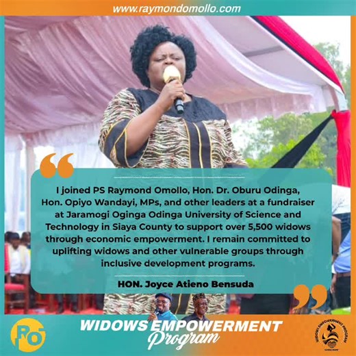 WIDOWS EMPOWERMENT PROGRAM, BONDO CHAPTER Homabay Woman Representative Hon Joyce Atieno Bensouda; I joined PS Dr Raymond Omollo, ODM Party Leader Dr Oburu Odinga, Opiyo Wandayi, and other leaders at JOOUST, Bondo, Siaya County, to support 5,500 widows. I remain committed to assisting the vulnerable, including widows, children, and orphans. I congratulate Dr Raymond Omollo for supporting the less fortunate, especially during this Christmas period. #fypppppppppppppppppp #DrRaymondOmollo #newsupdat