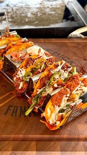 Smashed Chorizo Tacos 1 lb pork chorizo 1/2 diced bell pepper 1 1/2 sliced bell peppers 1 sliced sweet onion 6” flour tortillas 1 cup shredded Monterey Jack cheese Medium low heat sauté sliced peppers/onions in bacon fat Mix diced peppers with chorizo Form chorizo onto tortillas in thin layer making sure to spread all the way to the edges. Place meat side down in medium heat and cook till browned up (6-8 min) then flip over the cook the other side. Sprinkle cheese on as soon as you flip. Smother