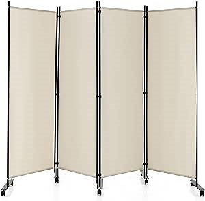 LDAILY 4 Panels Folding Room Divider, 6FT Tall Fabric Privacy Screen w/Metal Frame, Freestanding Partition Wall Divider w/Rolling Wheels for Bedroom, Dining Room, Office, Hospital (White, 4-Panel)