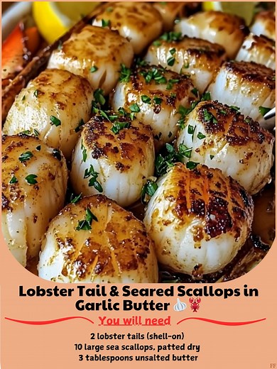 Lobster 🐦 Tail & Seared Scallops in Garlic Butter 🧄🦞 Your 5-star surf ‘n’ turf dinner in under 30 minutes! 📝 Ingredients : 2 lobster tails, shell-on 10 large sea scallops, patted dry 3 tbsp unsalted butter ..... Full Recipe in Coʍmеոτ 💬 💘 | Family Meal Recipes