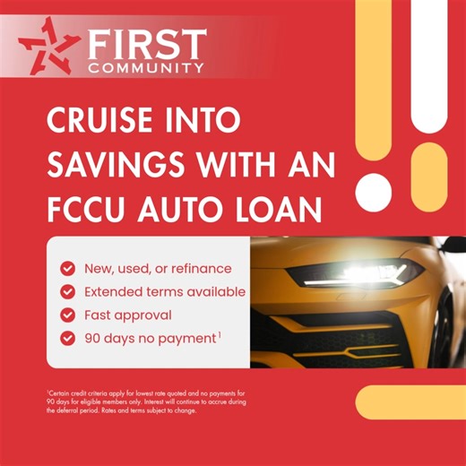 Whether you're looking for a new or used car, or to refinance, First Community is here to help you find financing that best suits you. Apply now: https://fccu.org/auto #FCCU #AutoLoans #Cruise #NewCar #Refinance #Financing #FirstCommunity | First Community Credit Union | Facebook