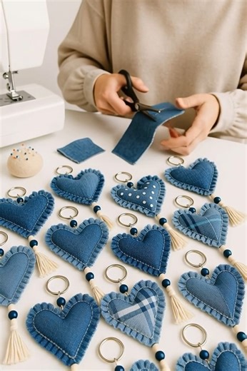 Turning old denim scraps into something sweet! 👖💙 See more: https://mideas.co/UOIcg Step 1: Cut the heart shapes. Step 2: Stitch with frayed edges for that rustic look. Step 3: Add some beads and tassels for the perfect finish. #diy | LIFE DIY