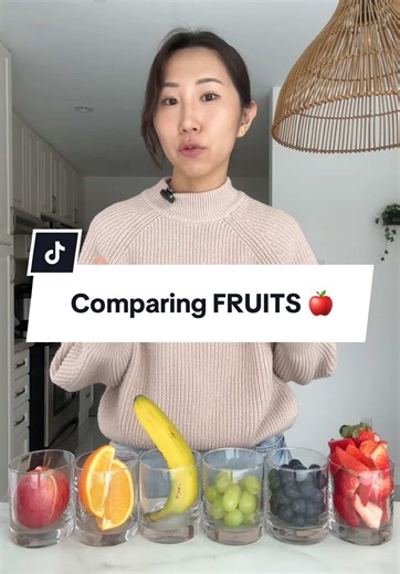 Comparing common fruits: apple 🍎, orange 🍊, banana 🍌, grapes 🍇, blueberries 🫐, strawberries 🍓 #nutritiontips #nutritiontok #healthysnacks #lowGI #bloodsugarbalance