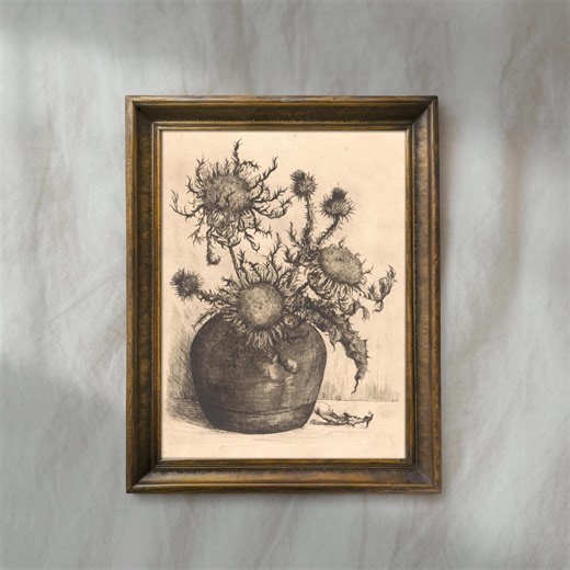 Vintage Thistle Still Life Painting | Antique Wildflower Botanical Artwork | Moody Etching Floral Wall Art | Mailed Print - Etsy