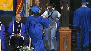 Seton Hall graduate Angela Noyes was surprised on stage by her brother Daniel Noyes, who, unbeknownst to Angela, flew in from his Naval base, to congratulate her. #SetonHall2024 | Seton Hall University