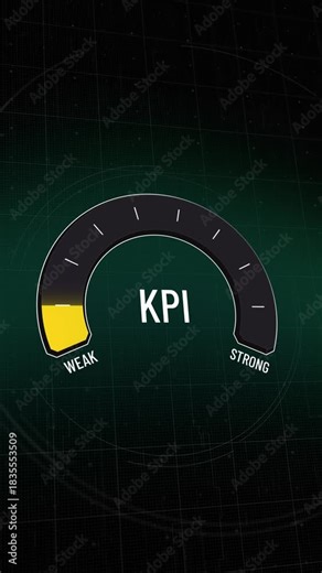 Animated KPI speedometer reading performance data, indicator needle moving from poor evaluation yellow zone to strong achievement green, risk and success metrics measurement. Copy space.