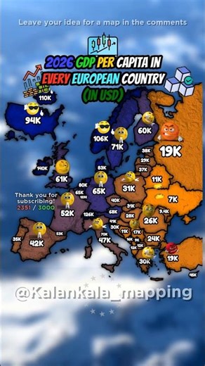 GDP per Capita for every European Country and the USA 2026 #europe #geography #maps #money #mapping
