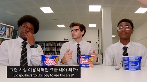 British school boys try Korean convenience store food combos for the first time!