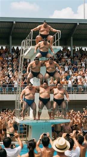 Massive Sumo Wrestler Pyramid Dive into Pool!