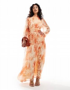 ASOS DESIGN high neck ruched chevron waist detail maxi dress in blurred red print | ASOS