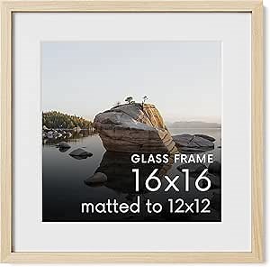 HAUS AND HUES 16x16 Picture Frame with Real Glass & Natural American Oak Matted to 12x12 - Oak 16x16 Frame With Mat - Includes Vertical & Horizontal Hang - Ideal for Home, Office (16x16 in, Natural)
