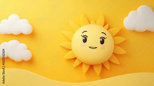 Cheerful cartoon sun with smiling face and cute clouds on bright yellow sky, playful and bright illustration with soft shapes, warm colors, and happy smile in cheerful sky