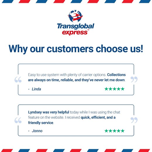 Transglobal Express on Instagram: "See why our customers choose us! From reliable deliveries to outstanding customer support, find out why so many trust us with their parcels. Read more reviews or share your own on Trustpilot: https://uk.trustpilot.com/review/www.transglobalexpress.co.uk"