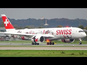FIRST AIRBUS A350 LANDING of Swiss with a WATER CANON SALUTE + 60 Mins of Aviation at DUS (4K)