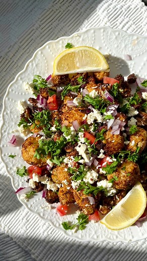 Rose Wilby | Healthy Home Cooking🍋 on Instagram: "CRISPY CAULIFLOWER Mediterranean Style! 🍅🧄🍋 Oh my gosh please make this recipe you guys. I air-fried these but if you don’t have an air fryer no problem I have baking instructions below as well! Prep the cauliflower: ~ 1 head of cauliflower broken up into florets ~ toss the florets in 2 tbsp olive oil, 2-3 (or more) minced garlic cloves, as well as salt, pepper, chili flakes, and paprika all to taste To Air-Fry: ~ air fry at 400*f or 200*c fo