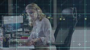 Woman flipping notebook and dipping pen, noting Global Founders business before typing with overlay