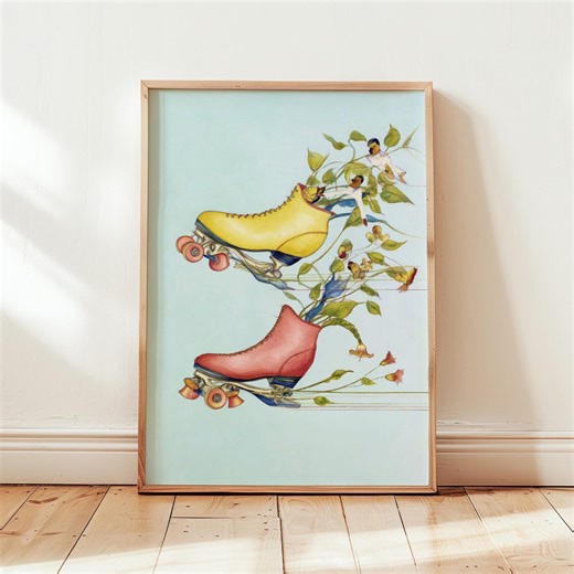 Colorful Roller Skates Poster, Floral Skating Scene Art, Vintage Style Wall Decor, Digital Download - Etsy