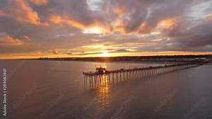 Hypnotic Aerial Bogue Pier at Sunrise on the Crystal Coast of North Carolina, Relaxed Time Lapse