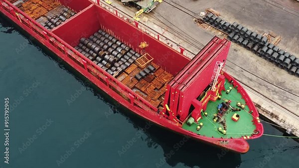 Aerial view of loading ship. Port crane loads metal, steel coils into dry cargo ship moored in dock, sea berth. Cargo transportation by sea. Loading ship in port. Global trade, export goods worldwide