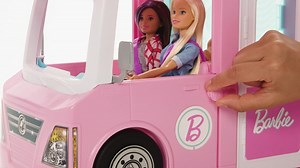 Barbie Camper Playset, 3-in-1 DreamCamper with Pool & 50 Accessories, Transforms into Doll-Sized Truck, Boat & House (Exclusive)