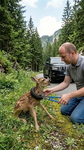 Man Rescues a Baby Deer Trapped With a Tire Around Its Neck