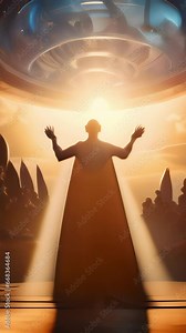 Scifi scene of an alien planet, with a massive statue of a being with multiple arms and eyes, worshipped by a religious order of clones. The deity, known as the Cosmic Creator, is believed