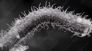 A black and white electron microscope image of a single nematode highlighting the intricate details of its segmented body and its . AI generation.