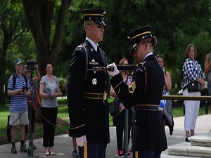 The Changing of the Guard Ceremony is an elaborate ritual that occurs at the Tomb of the Unknown Soldier and is one of the most popular attractions in Arlington National Cemetery. During The Changing of the Guard an impeccably uniformed relief commander conducts a detailed white-glove inspection of the incoming Sentinel's weapon, carefully checking each part of the fully functional M14 rifle once. (U.S. Army video by Sgt. George Huley and Pfc. Gabriel Silva) | 3d U.S. Infantry Regiment (The Old 
