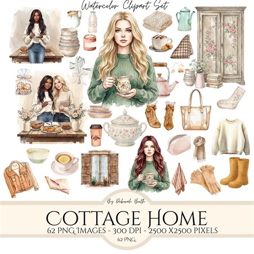 Cottage Home Clipart, Planner Clipart, Watercolor Stickers Commercial Use | 62 PNG Images - Etsy