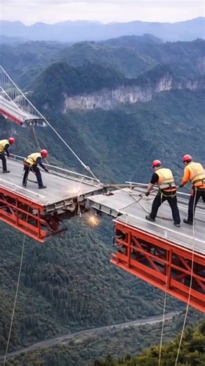 Workers connecting two sides of a massive suspension bridge high above the valley