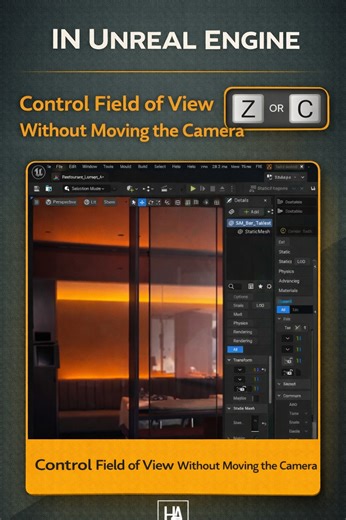 H A 3D Studio on Instagram‎: "نصيحة لو متعرفش: مش لازم تحرّك الكاميرا علشان تغيّر الإحساس بالكادر. Right Click + C توسّع الـ FOV Right Click + Z تضيّق الـ FOV 💡 مفيدة جدًا في اختيار لقطات Interior مظبوطة، أو لما تحب تتحكم في الإحساس بالعمق والمساحة في الشوت. #ha3dstudio_reels #epicgame #unrealengine"‎