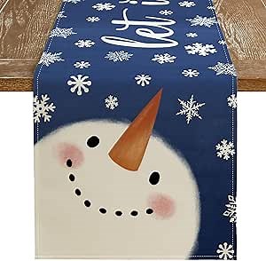 Christmas Snowman Blue Table Runner 13x72 Inches, Snowflake Let It Snow Winter Holiday Indoor Outdoor Table Decoration for Home