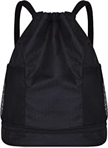 Drawstring Backpack Drawstring Pocket Sports Backpack Drawstring Waterproof Nylon Sports Fitness Backpack with Side Pockets, Black