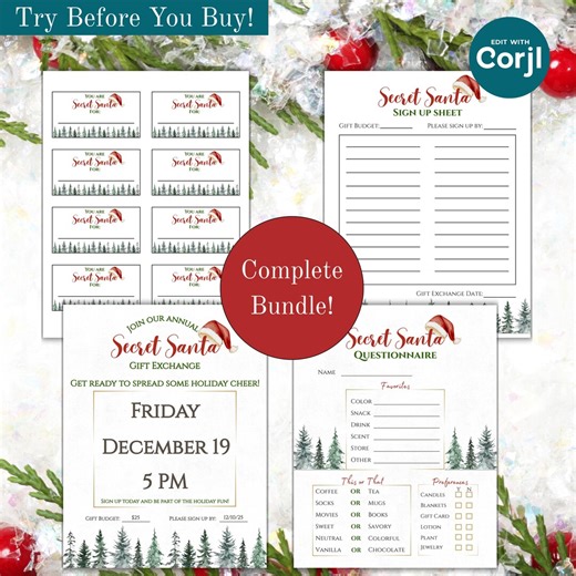 Secret Santa Gift Exchange Bundle • Office Christmas Party Printable Set • Flyer, Sign up Sheet, Questionnaire, Name Draw Cards - Etsy