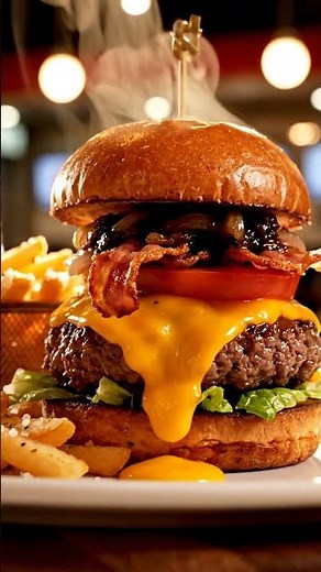Ultimate Slow-Cooked Beef Burger Stack with Cheddar, Crispy Bacon & Golden Fries