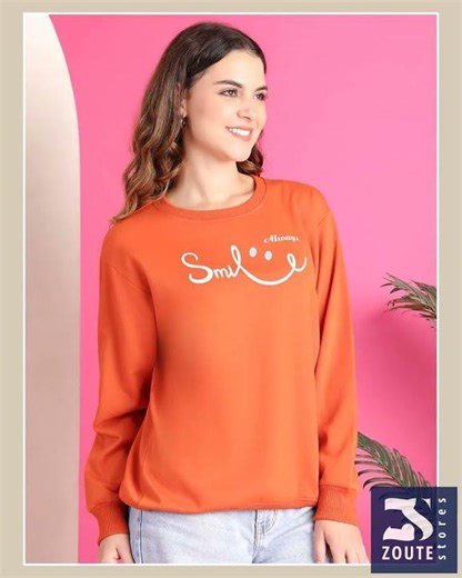 Women's Fleece Regular Fit Full Sleeves Printed Round Neck Orange Sweatshirt