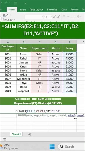 How to Use SUMIFS Formula in Excel | Multiple Criteria Sum in Excel | Excel Tips & Tricks#shorts