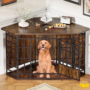 52 inch Corner Dog Crate Furniture, Wooden Large Dog Kennel Indoor, Large Indoor Dog Cage Decorative Pet House for Medium & Large Dogs - Vintage Brown