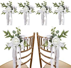 FQQWEE 6Pcs Wedding Aisle Chair Decorations White Rose Floral Wedding Chair Back Flowers with Leaves and Ribbons Church Chair Bench Pew Flowers for Wedding Ceremony Decor …, 10.11x10.62 inch