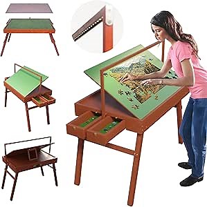 Jigsaw Puzzle Table - Foldable & Portable Wooden Board 1500 Pieces, Tilting Board with Cover & Trays - Puzzle Tables for Adults with Drawers (Brown)