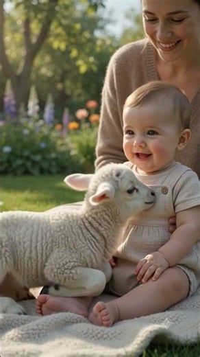 Baby's First Tiny Lamb Hug 🐑 #babyreaction #family