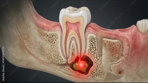 Detailed 3D animation of a dental abscess at the tooth root in the jawbone showing infection and inflammation