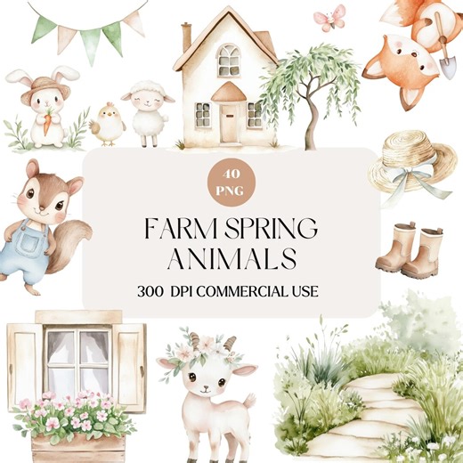 Watercolor Spring Farm Clipart, Cute Spring Animals Clip Art, Garden Tools, Cottage PNG, Nursery Design, Digital Download - Etsy