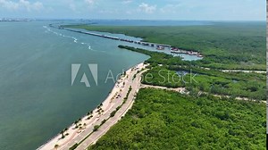 Aerial View of Nichupté Bridge Over Nichupté Lagoon, Cancun, Mexico