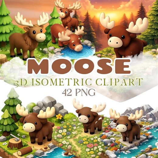 Moose Clipart Bundle – 42 PNG 3D Isometric Forest Animal Graphics for Kids & Teachers - Etsy