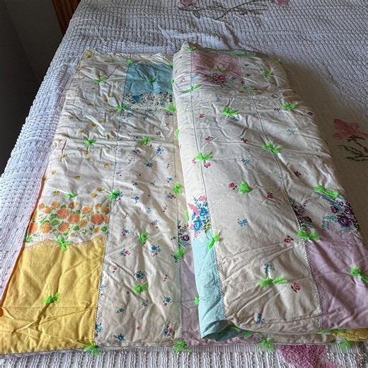 Vintage Patchwork Quilt – 74” X 108” – Pastel Floral Blocks With Green Yarn Ties – Handmade Cottagecore Bedding - Etsy UK