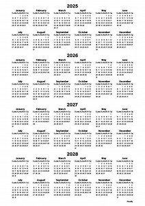 2025-2028 Yearly Calendar Printable | Sunday & Monday Start (PDF) - Etsy